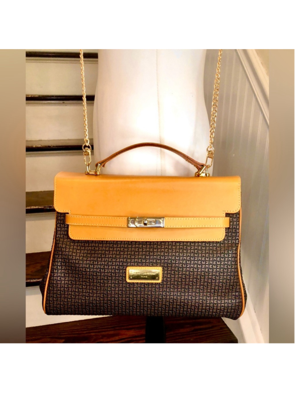 TED LAPIDUS Caramel Leather Top Handle & Monogram Embossed Crossbody Satchel - Picture 17 of 17